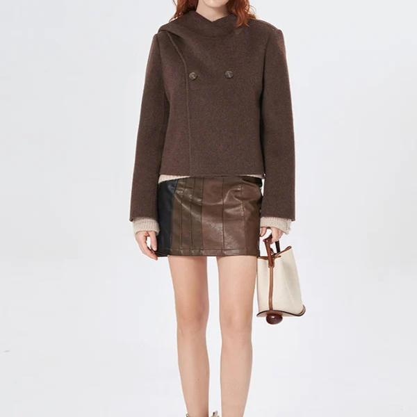 Scarf Collar Double Breasted Short Coat