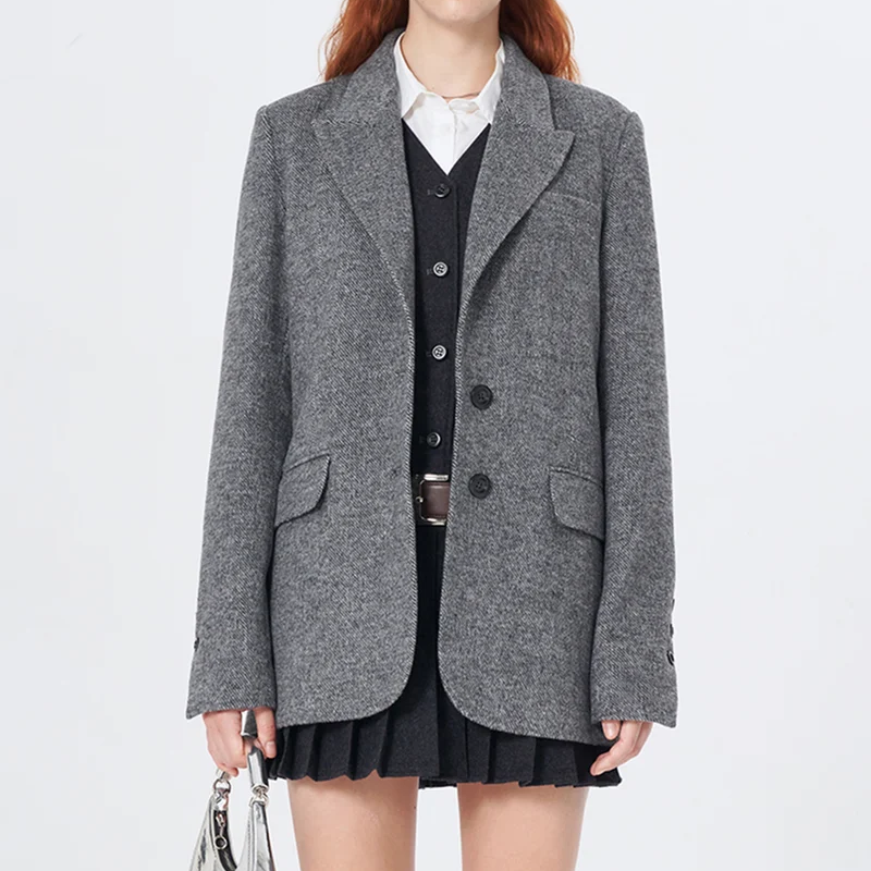 Wide Shoulder Lapel Wool Suit Jacket