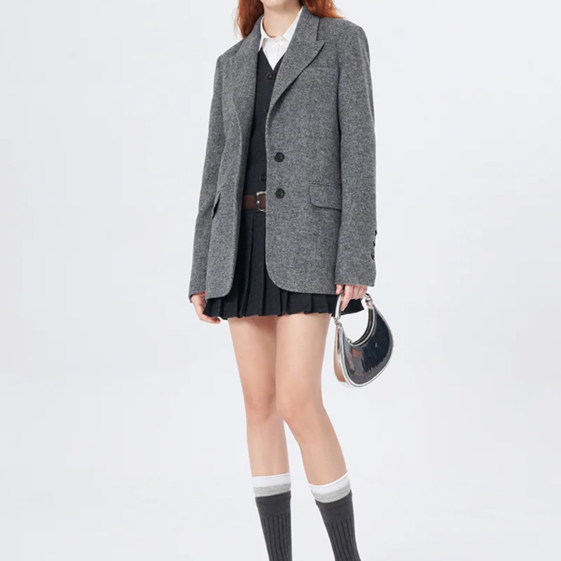Wide Shoulder Lapel Wool Suit Jacket