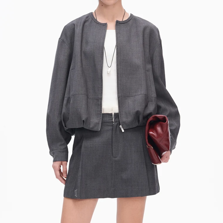 Round Neck Zip Jacket And A Line Skirt Set