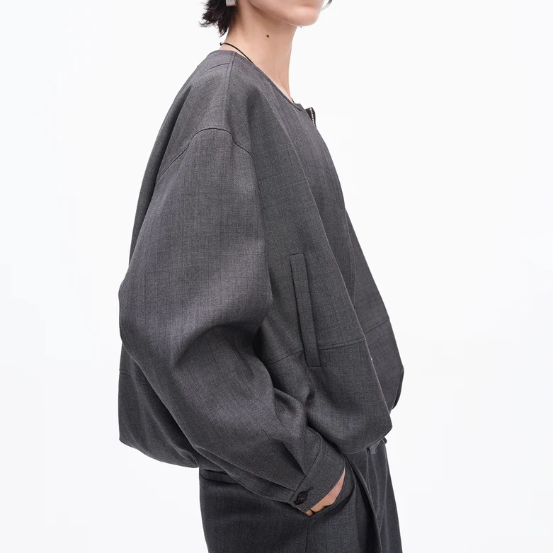 Round Neck Zip Jacket And A Line Skirt Set