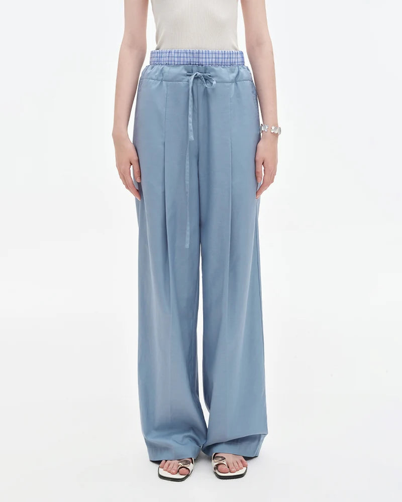 Contrast Double Waistband Lyocell Cotton Straight Pants