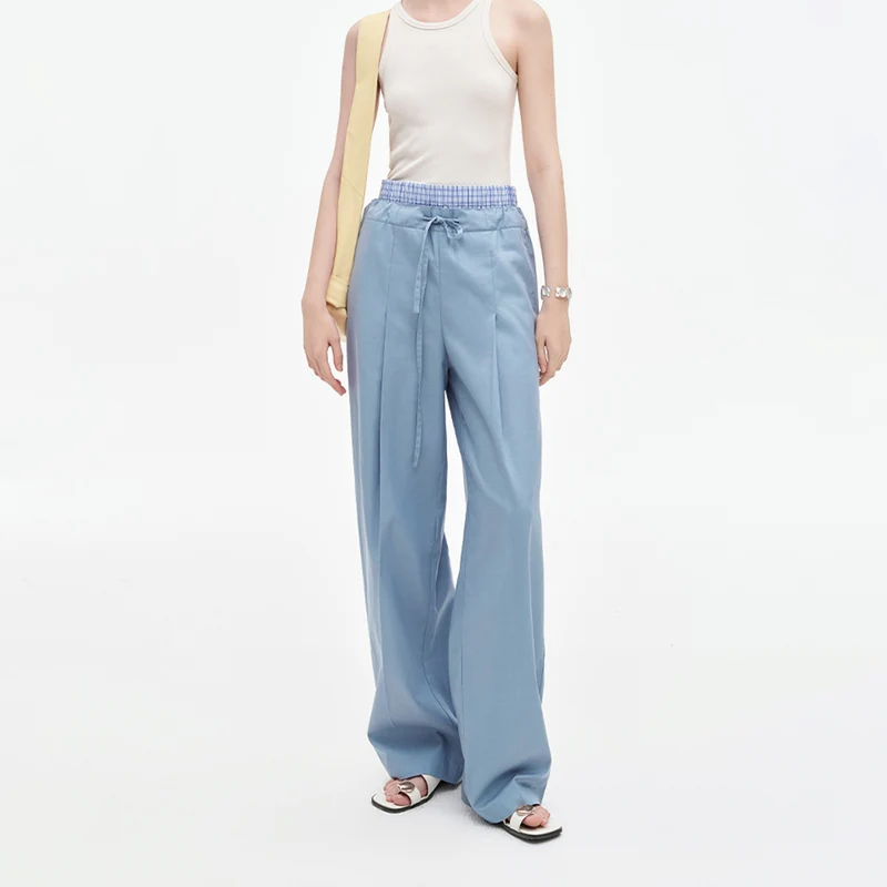 Contrast Double Waistband Lyocell Cotton Straight Pants