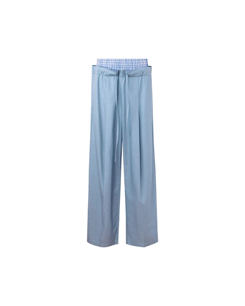 Contrast Double Waistband Lyocell Cotton Straight Pants