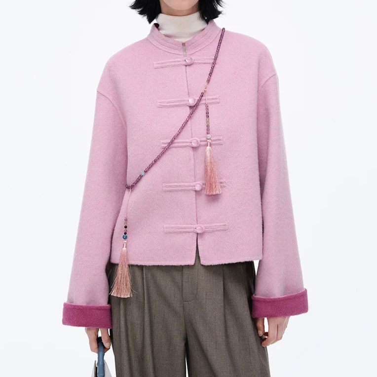 Mandarin Collar Cropped Double Faced Wool Coat