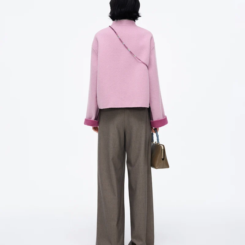 Mandarin Collar Cropped Double Faced Wool Coat
