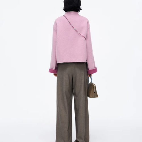 Mandarin Collar Cropped Double Faced Wool Coat